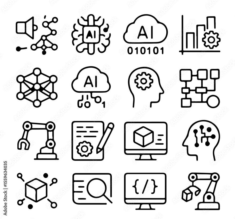 Poster ai icons: a set of minimalistic line icons representing artificial intelligence, machine learning, n