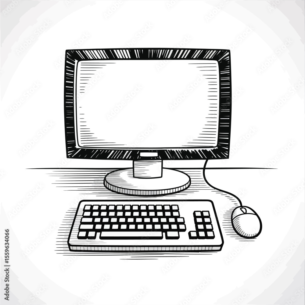 Fototapete Hand Drawn Computer Setup with Monitor Keyboard and Mouse Illustration