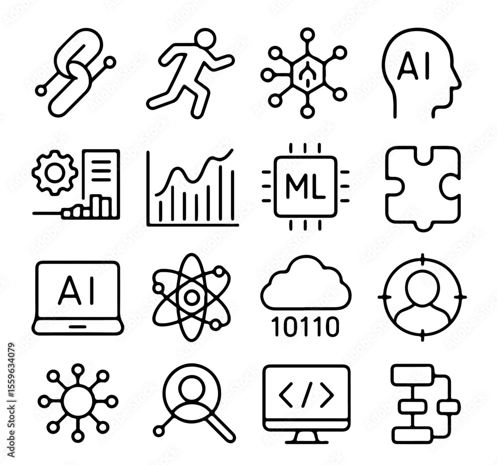 Poster a concise collection of modern technology icons representing diverse digital concepts in a clear and