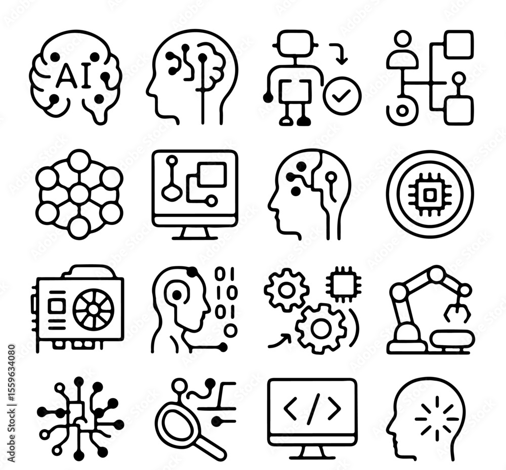 Poster artificial intelligence and machine learning icon set representing various aspects of ai and its int