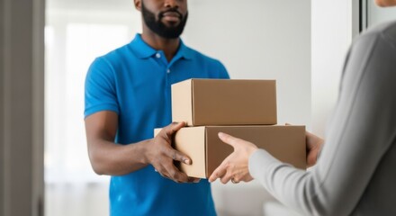 Delivery Action Courier Hands Over Packages to Customer at Home Lifestyle Scene Warm Indoor Environment Close-Up Viewpoint Convenience Concept