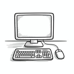 Fototapeta premium Hand Drawn Computer with Monitor Keyboard and Mouse on White Background