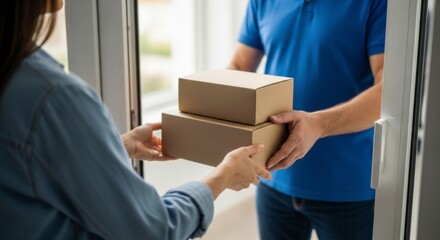 Delivery Person Hands Over Packages to Customer at Home Entrance Residential Setting Action Scene Close-Up View Concept of Convenience and Online Shopping