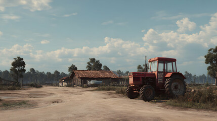 Fototapeta premium Old tractor stands proudly on a farm under a bright sky showing rural life in the countryside
