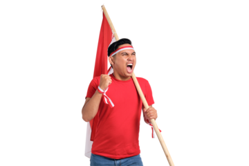 Excited young Asian men celebrate Indonesian independence day on 17 August by holding the Indonesian flag isolated on transparent background
