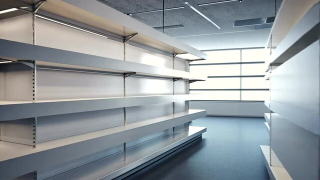 Empty retail shelves in a modern store interior, showcasing a minimalistic design and bright lighting