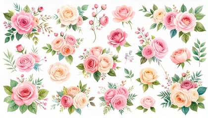 Beautiful romantic flower collection with roses, leaves, floral bouquets, flower compositions.