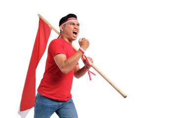 Excited young Asian men celebrate Indonesian independence day on 17 August by holding the Indonesian flag isolated on transparent background
