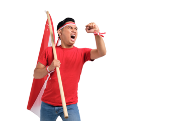 Excited young Asian men celebrate Indonesian independence day on 17 August by holding the Indonesian flag isolated on transparent background