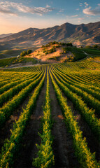 Panoramic vineyard vista capturing the essence of wine country under a warm sunlit sky, showcasing rows of grapes and distant mountains