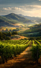Serene vineyard landscape with rolling hills bathed in soft light evoking a sense of peace and tranquility