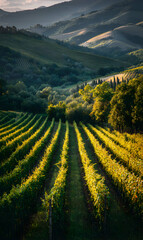 Fototapeta premium Sunlit vineyards stretching across rolling hills of Tuscany evoke serenity and the promise of fine wine