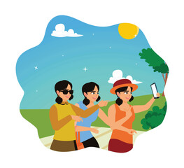 Three female friends take a selfie outdoors.