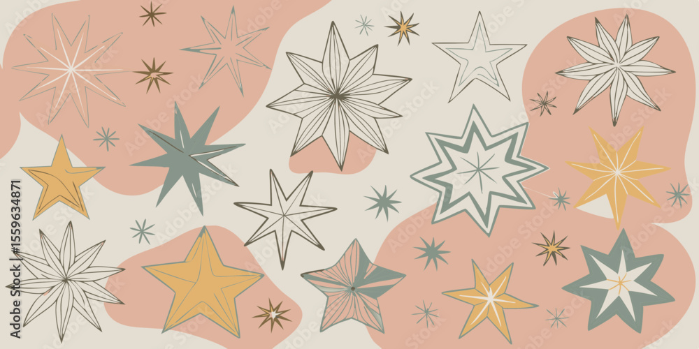 Poster boho star pattern in earthy tones with hand drawn style for backgrounds and textiles and surface des