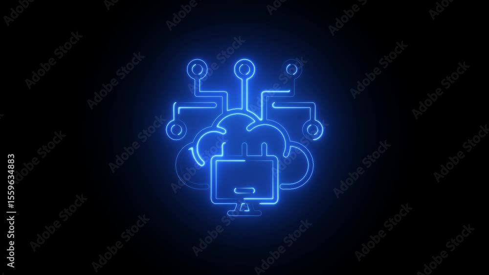 Poster glowing neon cloud computing line icon, artificial intelligence icon and networks, robotics, and clo