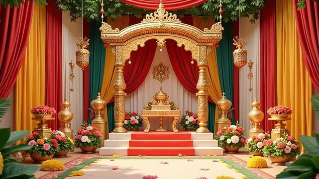 Ornate golden mandap with colorful drapes and floral decorations for a wedding ceremony stage set