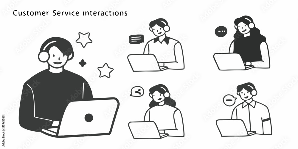 Poster customer service interactions with friendly agents using laptops and headsets in a doodle style