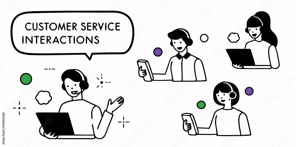 Poster customer service interactions with agents using laptops and smartphones in a minimalist doodle style