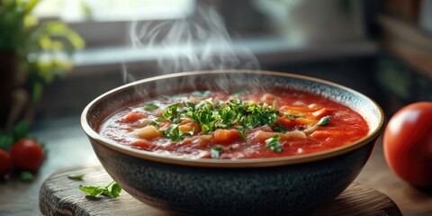 A bowl of soup with a tomato on the table