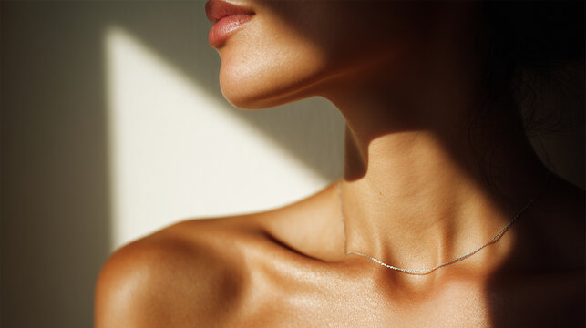斜めからの光が首元に影を落とし、鎖骨まわりの立体感を際立たせている描写。紫外線や美容系表現に活用できるビジュアル。