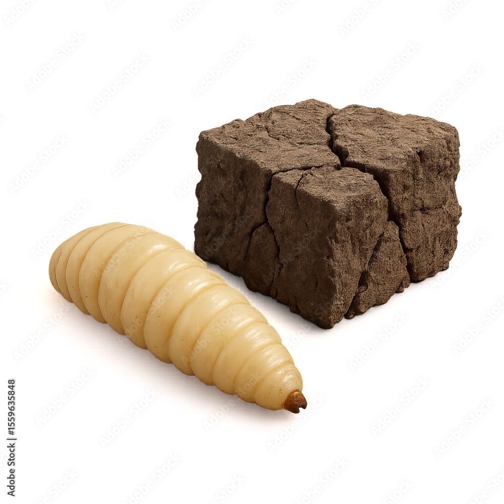 Poster 3d render of larva and soil block with detailed textures