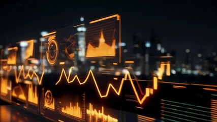 Glowing data charts and graphs overlay a modern city skyline at night, showing financial trends - Powered by Adobe