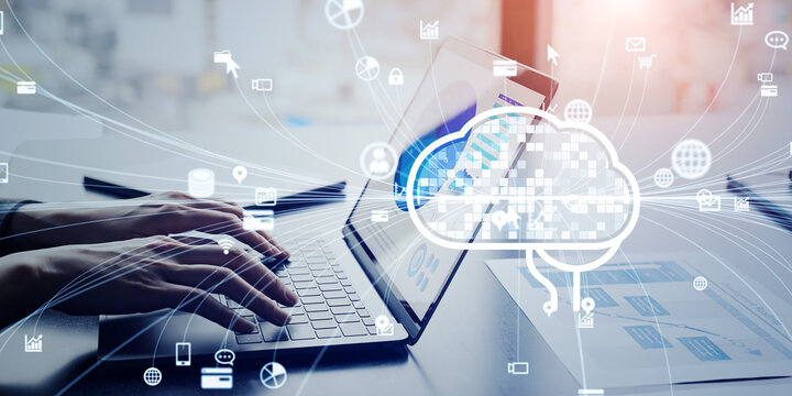 オフィスでノートパソコンを使うビジネスパーソンとAI・人工知能のコンセプト