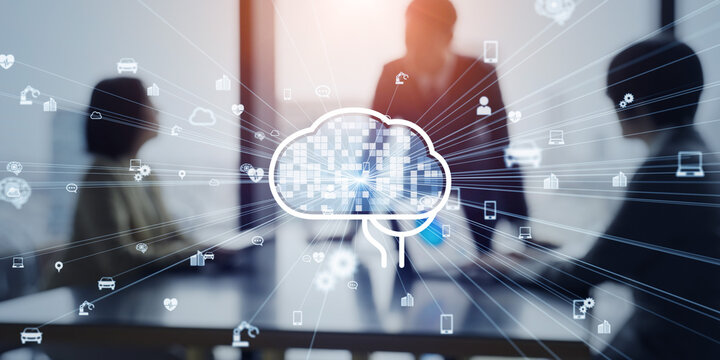 AI (Artificial Intelligence) concept with group of business people meeting in office