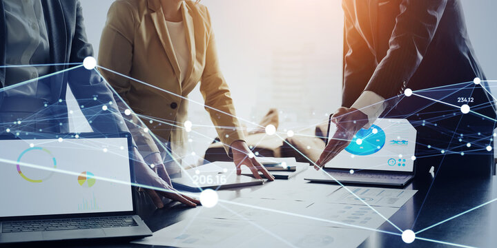 Group of business people meeting in office and communication network concept