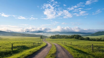 Dirt Road Through Green Meadow With Blue Sky And Fluffy White Clouds Creating A Serene Landscape