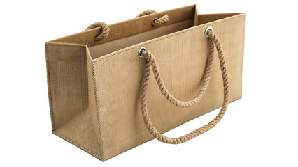 Close up of a tan jute tote bag with rope handles and grommets on transparent background