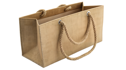 Close up of a tan jute tote bag with rope handles and grommets on transparent background