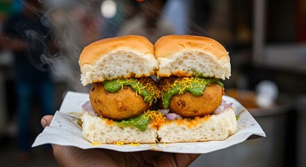 Delicious Steaming Indian Vada Pav Street Food