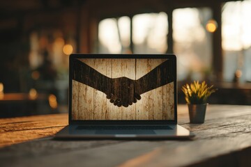 Laptop Displaying Handshake Gesture During Video Call in Cozy Coffee Shop Setting