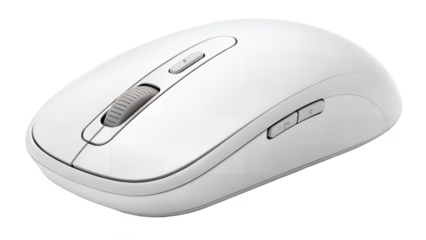 A white computer mouse with a scroll wheel and side buttons shown on transparent background