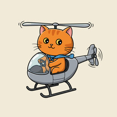 An orange cartoon cat wearing a blue scarf joyfully pilots a small helicopter with spinning rotors, creating a cheerful flying scene.