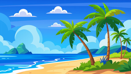 Fototapeta premium Tropical Beach Paradise. Palm Trees. Ocean. and Sandy Shores