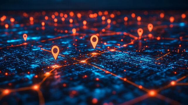 Abstract digital cityscape with glowing red connections and orange location pins represents futuristic network - Powered by Adobe