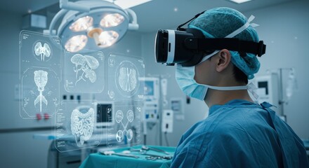 Surgeon using VR headset with holographic medical data in operating room.