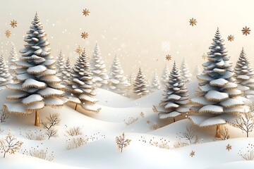 Fototapeta premium Winter landscape illustration with snow-covered fir trees golden snowflakes and snowy hills on