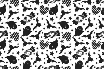 Seamless Halloween pattern with ghosts candy bats stars.