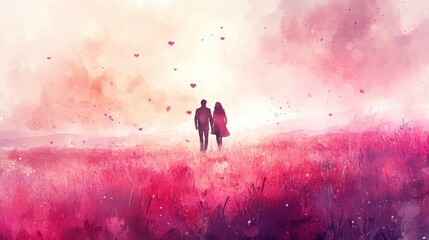 Fototapeta premium A romantic watercolor of a couple walking through a meadow of pastel pink flowers, with soft colors blending into the distance, evoking a peaceful Valentine's Day feeling.