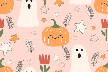 Seamless Halloween pattern with pumpkins ghosts leaves and stars