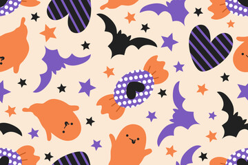 Seamless Halloween pattern with ghosts candy bats stars.