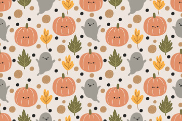 Seamless Halloween pattern with pumpkins ghosts leaves and dots