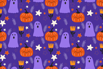 Seamless Halloween pattern with pumpkins ghosts leaves and stars