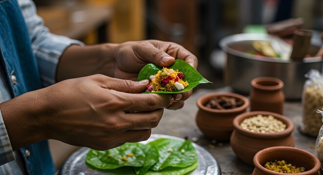 Hands Preparing Traditional Paan with Betel Leaf