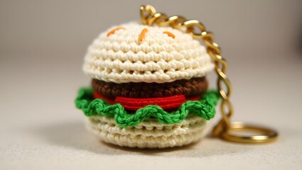 3d crochet keychain depicting a miniature hamburger, featuring distinct layers of a soft, fluffy white bun, crisp green lettuce leaves, juicy red tomato slices, and a savory brown patty,