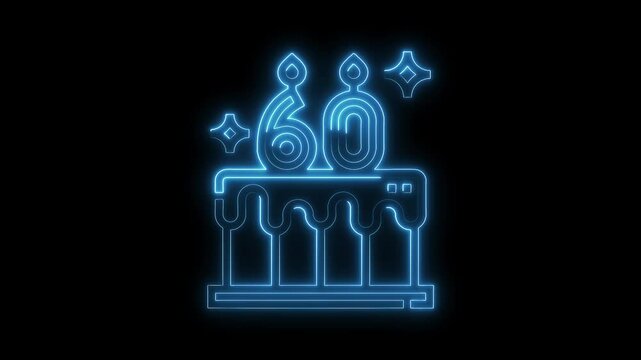 Neon style sixty years anniversary cake icon animated on a dark background loop