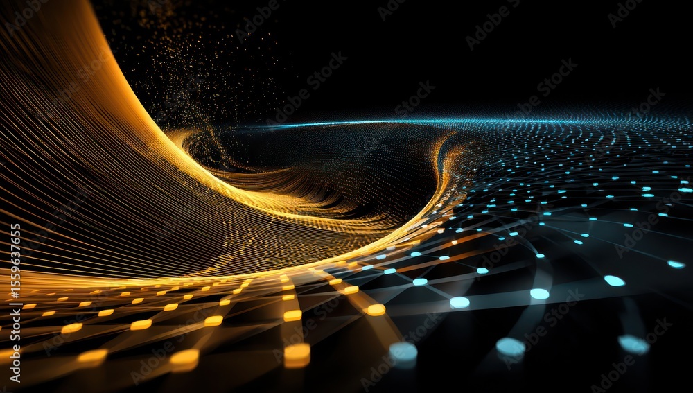Poster 3D digital background with rotating polygons and vibrant patterns, emphasizing technology and motion.